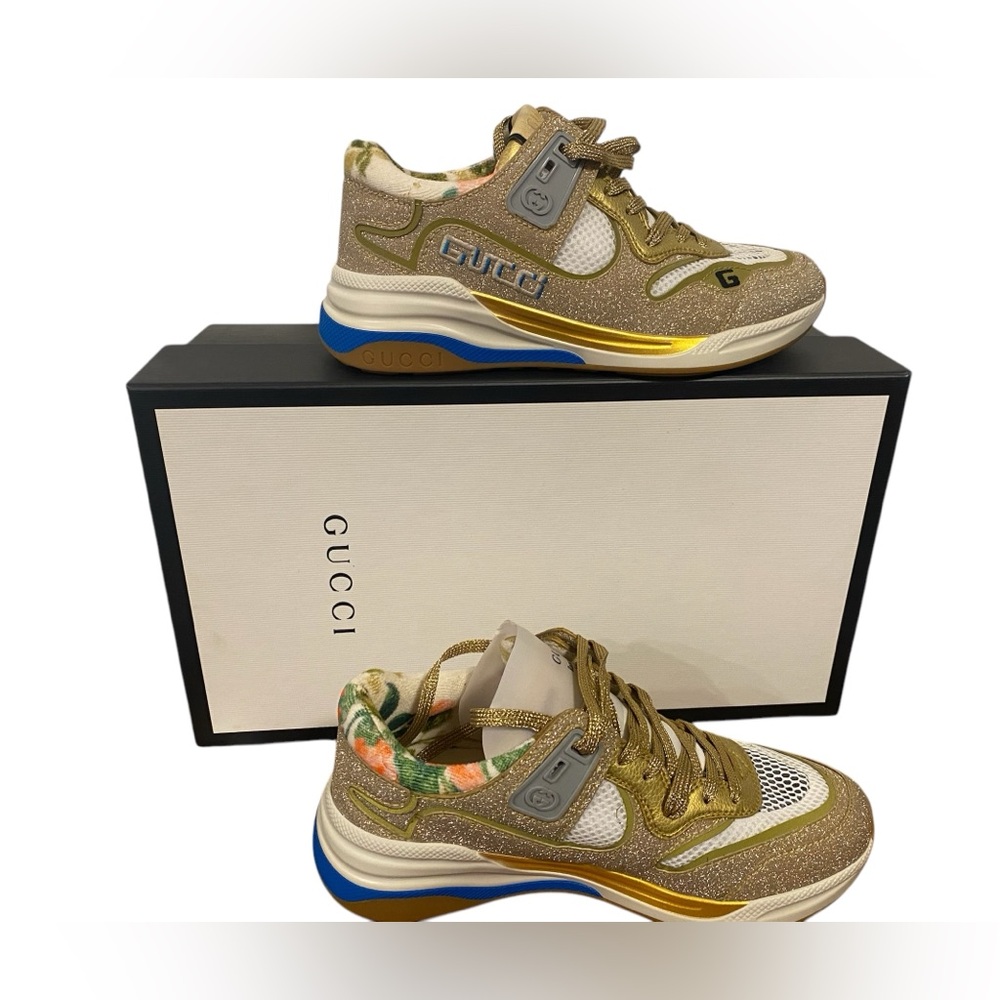 Gucci Ultrapace 'Gold Sparkling Fabric' Size 35. Authentic In Box With Papers.